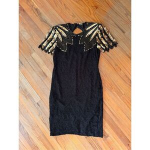 Vintage 80s Laurence Kazar Black Gold Cocktail Silk Sequin Beaded Midi Dress